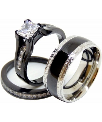 His & Hers 3 PCS Black IP Stainless Steel Princess Cut CZ Engagement Ring Set Mens Matching Band Size Women's 05 Men's 09 $18...