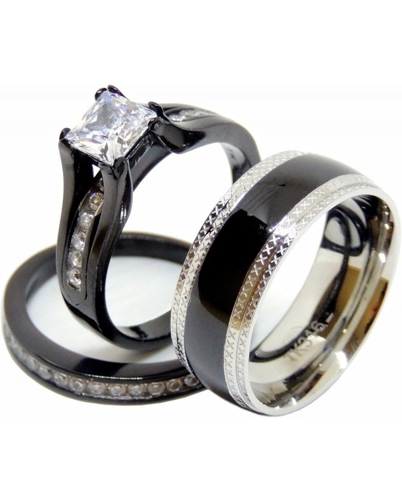 His & Hers 3 PCS Black IP Stainless Steel Princess Cut CZ Engagement Ring Set Mens Matching Band Size Women's 05 Men's 09 $18...