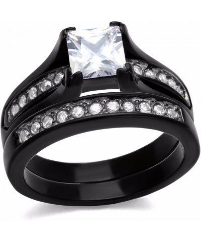 His & Hers 3 PCS Black IP Stainless Steel Princess Cut CZ Engagement Ring Set Mens Matching Band Size Women's 05 Men's 09 $18...