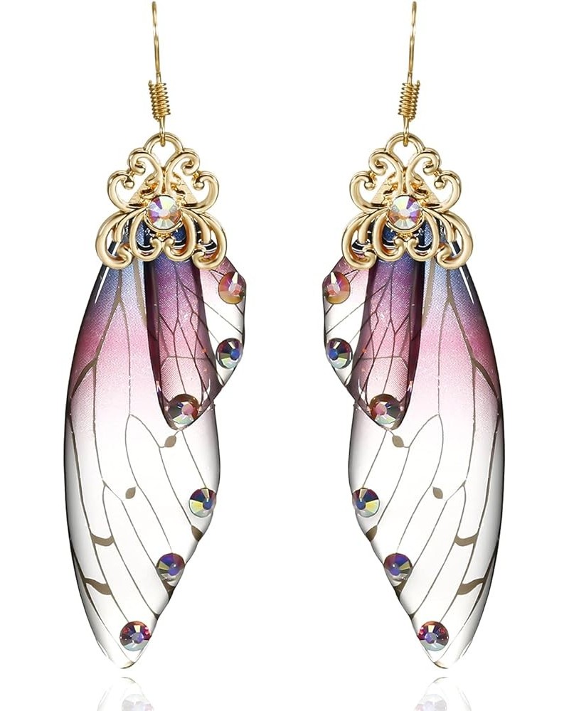 Butterfly Crystal Wing Drop Dangle Earrings Gold Plated Insect Earrings for Women Girls Jewelry Purple $7.97 Earrings