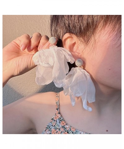 Chiffon Flower Earrings for Women Big Petal Dangle Floral Tassel Earrings Boho Statement Earrings for Vacation Wedding White ...