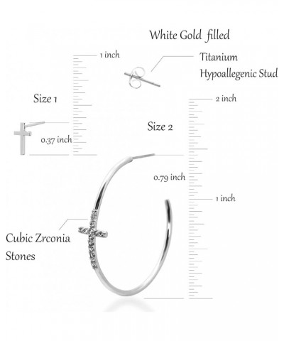 Tiny Cross Titanium Stud & 35mm Hoop Earring Set Dazzling CZ Stone Setting White & Gold Color Choice for Women Teens White Go...