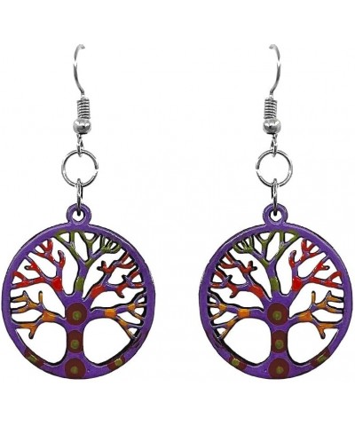 Wooden Tree of Life Shape Dangle Earrings - Womens Fashion Handmade Jewelry Boho Accessories Round/Purple/Multi $11.79 Earrings