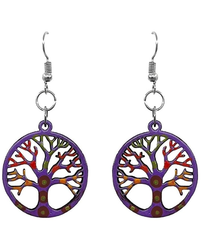 Wooden Tree of Life Shape Dangle Earrings - Womens Fashion Handmade Jewelry Boho Accessories Round/Purple/Multi $11.79 Earrings