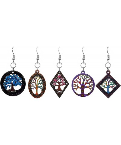 Wooden Tree of Life Shape Dangle Earrings - Womens Fashion Handmade Jewelry Boho Accessories Round/Purple/Multi $11.79 Earrings