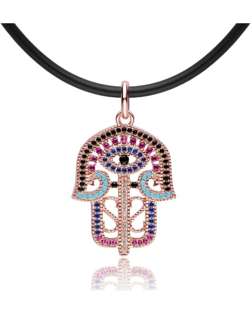 Coloured Crystals Filigree Hamsa Hand Charm Pendant Necklace Jewelry Gift for Women or Girls Rose Gold Tone $10.19 Necklaces