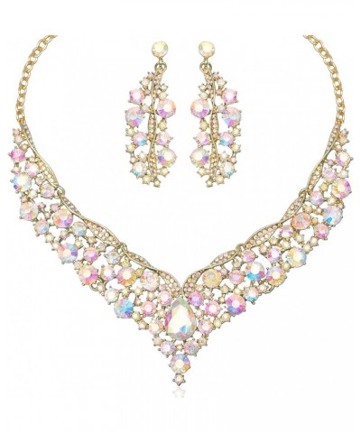 Elegant Austrian Crystal V-Shaped Statement Necklace Earrings Set Bridal Wedding Prom Costume Jewelry For Bride Bridesmaid AB...