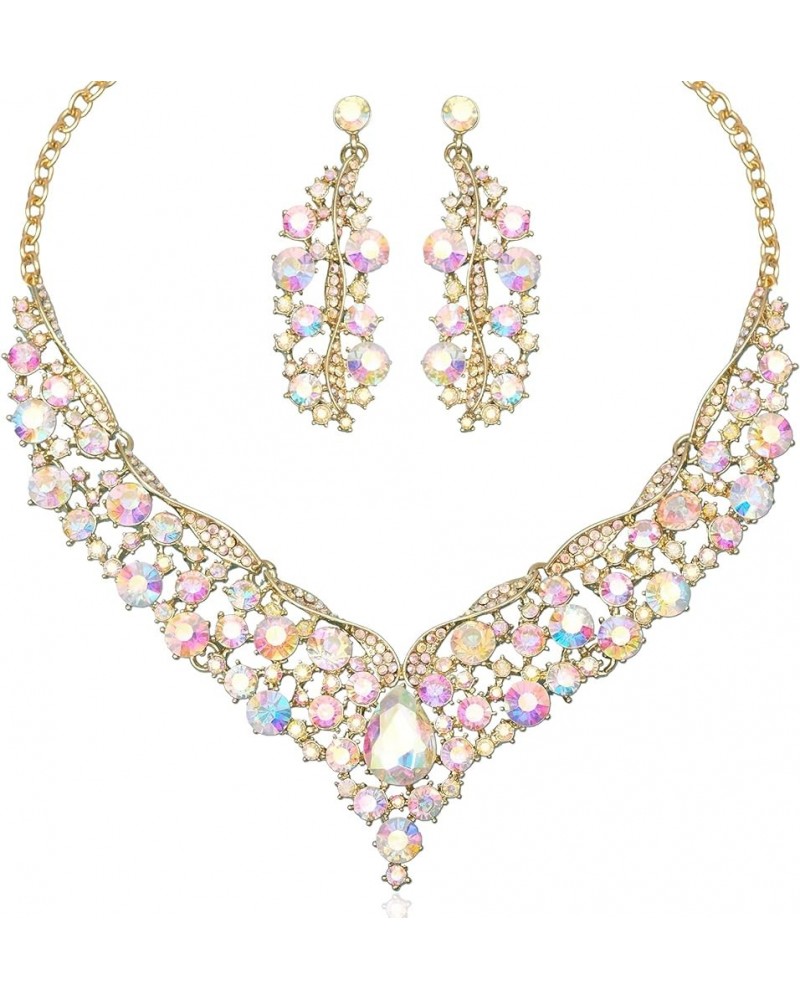 Elegant Austrian Crystal V-Shaped Statement Necklace Earrings Set Bridal Wedding Prom Costume Jewelry For Bride Bridesmaid AB...