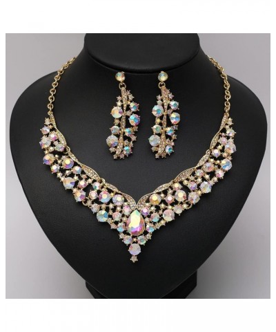 Elegant Austrian Crystal V-Shaped Statement Necklace Earrings Set Bridal Wedding Prom Costume Jewelry For Bride Bridesmaid AB...