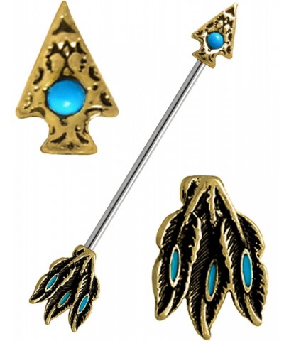 Turquoise Blue Tribal Etched Arrow Head & Feathers end Industrial Barbell Ring Earring 14g 1-3/8 $8.80 Body Jewelry