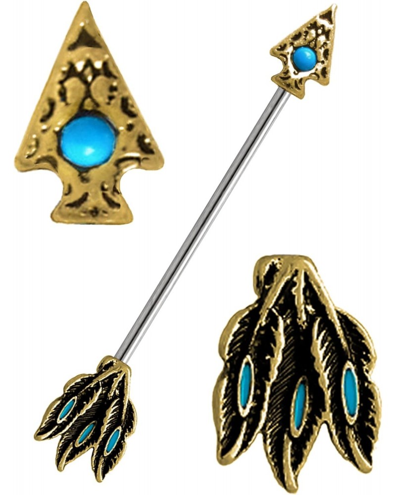 Turquoise Blue Tribal Etched Arrow Head & Feathers end Industrial Barbell Ring Earring 14g 1-3/8 $8.80 Body Jewelry