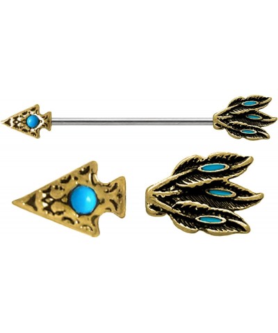 Turquoise Blue Tribal Etched Arrow Head & Feathers end Industrial Barbell Ring Earring 14g 1-3/8 $8.80 Body Jewelry