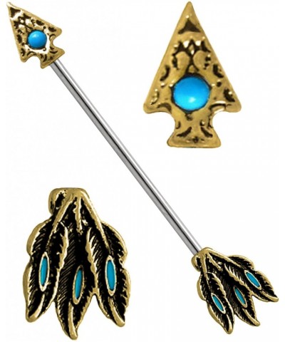 Turquoise Blue Tribal Etched Arrow Head & Feathers end Industrial Barbell Ring Earring 14g 1-3/8 $8.80 Body Jewelry