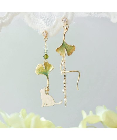 Pink Flower Pearl Sakura Leaf Earrings Ginkgo Biloba Cat Fairy Flower Statement Earrings For Women, Girls Ginkgo Cat $6.30 Ea...