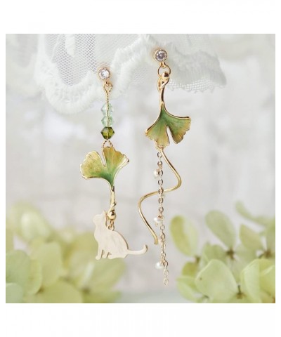 Pink Flower Pearl Sakura Leaf Earrings Ginkgo Biloba Cat Fairy Flower Statement Earrings For Women, Girls Ginkgo Cat $6.30 Ea...