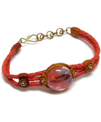 Round Glass Bead Cat's Eye Cabochon Braided Dyed Leather Bracelet - Womens Fashion Handmade Jewelry Boho Accessories Red $11....