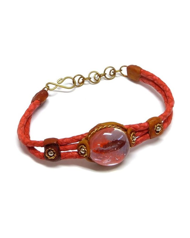 Round Glass Bead Cat's Eye Cabochon Braided Dyed Leather Bracelet - Womens Fashion Handmade Jewelry Boho Accessories Red $11....