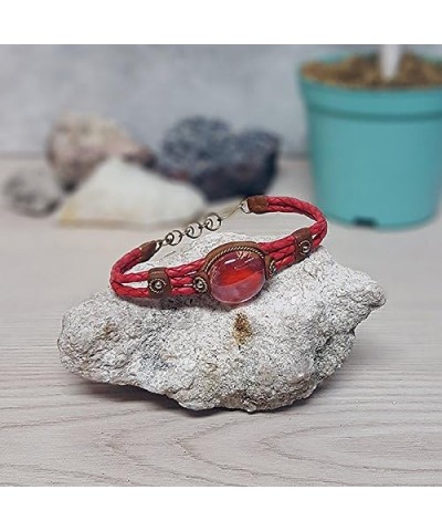 Round Glass Bead Cat's Eye Cabochon Braided Dyed Leather Bracelet - Womens Fashion Handmade Jewelry Boho Accessories Red $11....