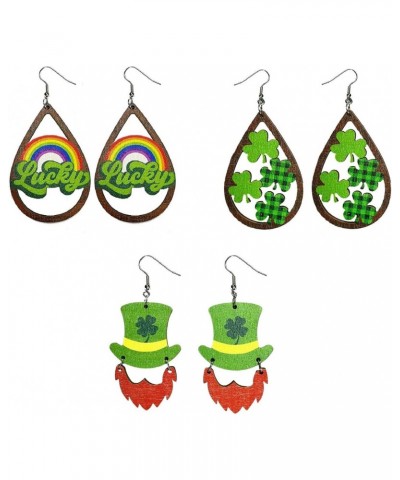 St. Patrick's Day Earrings Set for Women Girls,Teardrop Wood Irish Shamrock Dangle Earrings Green Clover Hat Clover Drop Earr...