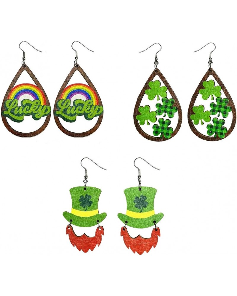 St. Patrick's Day Earrings Set for Women Girls,Teardrop Wood Irish Shamrock Dangle Earrings Green Clover Hat Clover Drop Earr...