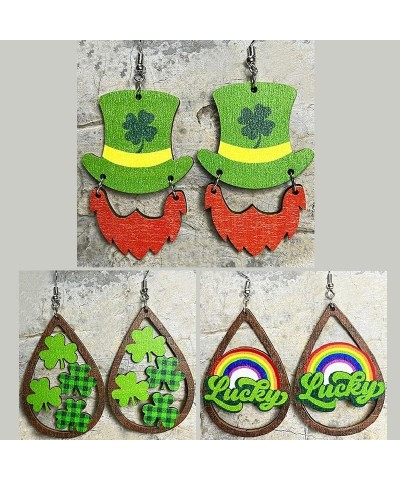 St. Patrick's Day Earrings Set for Women Girls,Teardrop Wood Irish Shamrock Dangle Earrings Green Clover Hat Clover Drop Earr...