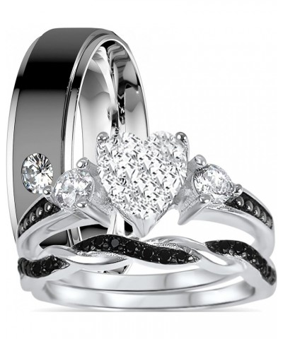 His and Hers 3 Piece Trio Sterling Silver Black Wedding Band Engagement Ring Set 10/10 Her 11 - His 10 $30.55 Sets