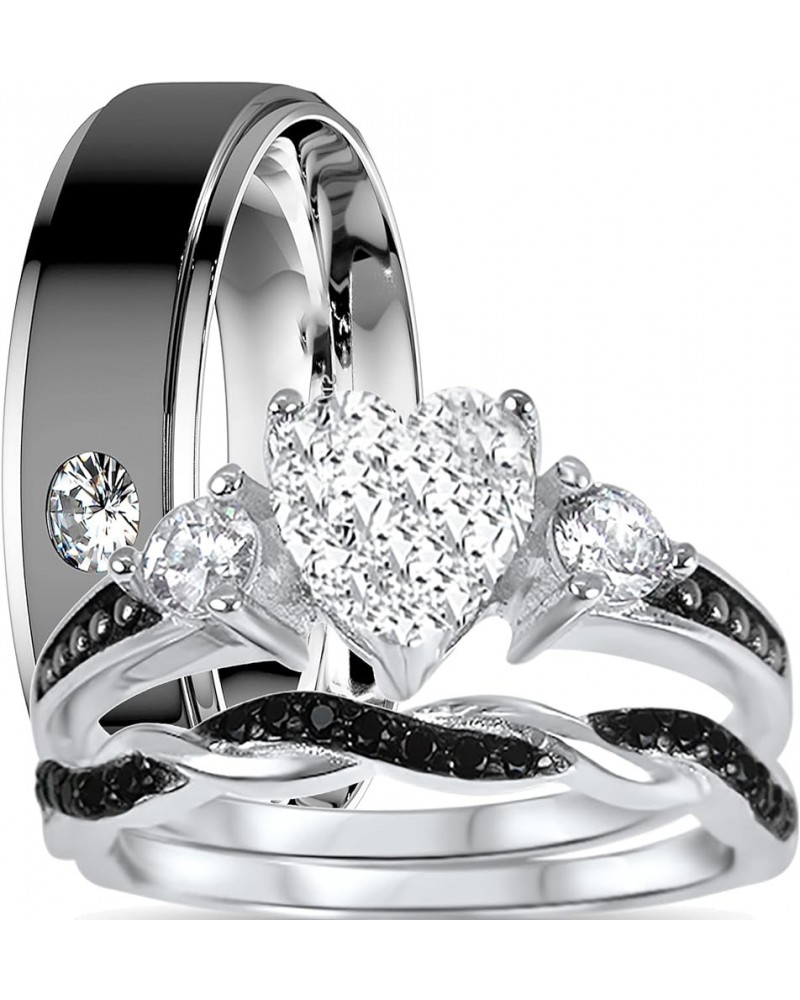 His and Hers 3 Piece Trio Sterling Silver Black Wedding Band Engagement Ring Set 10/10 Her 11 - His 10 $30.55 Sets