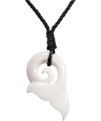 Koru Whale Tail Carved Bone Pendant Hawaii Necklace - Maori Style Jewellery - Handmade Bone Carving - Adjustable Cord Big Tri...