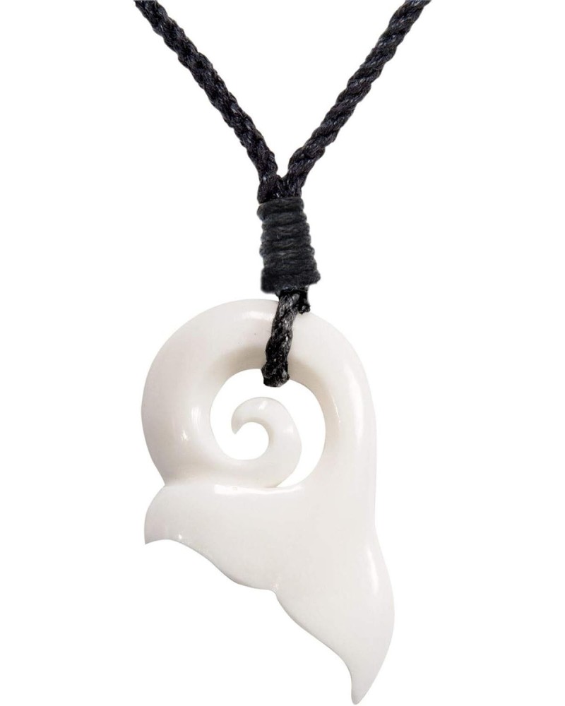 Koru Whale Tail Carved Bone Pendant Hawaii Necklace - Maori Style Jewellery - Handmade Bone Carving - Adjustable Cord Big Tri...