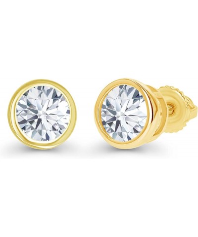 14K Gold Plated 925 Sterling Silver Hypoallergenic 4mm Round Bezel Set Genuine Birthstone Solitaire Screwback Stud Earrings C...