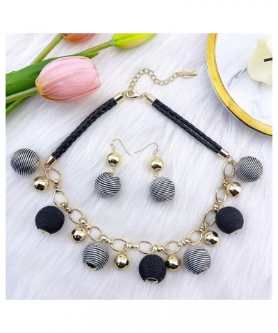 Fashion Collar Necklace with Thread Ball Pendant Earring Jewelry Set for Women black $13.00 Jewelry Sets