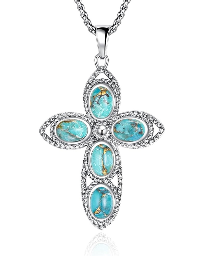 Turquoise Cross Necklaces for Women - 925 Sterling Silver Oval Turquoise Pendant Necklace Boho Vintage Statement Necklace Tur...