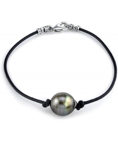 Sterling Silver 11-12mm Baroque Black Tahitian South Sea Cultured Pearl Leather Bracelet for Women 8.0 Inches $90.00 Bracelets