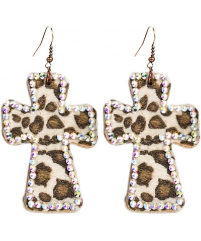 Vintage Lightweight Leather Cross Dangle Drop Earrings Crystal Rhinestone Leopard Print Statement Earrings for Women Girls Re...