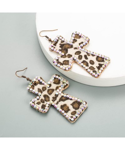 Vintage Lightweight Leather Cross Dangle Drop Earrings Crystal Rhinestone Leopard Print Statement Earrings for Women Girls Re...