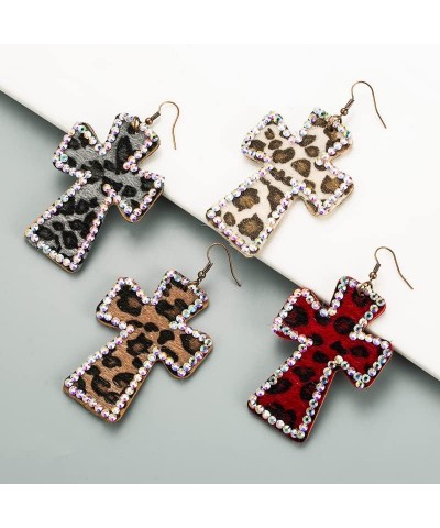 Vintage Lightweight Leather Cross Dangle Drop Earrings Crystal Rhinestone Leopard Print Statement Earrings for Women Girls Re...