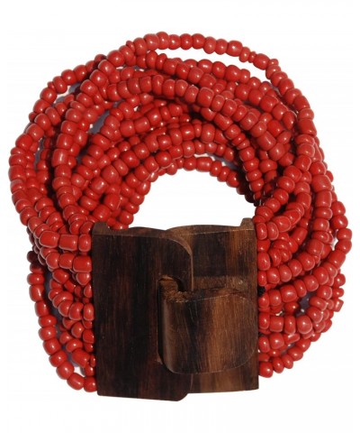 Indomode®️ Red Beaded Bali Bracelet With Hard Wood Buckle Clasp - 14 Elastic Strands – 2” Wide $9.44 Bracelets