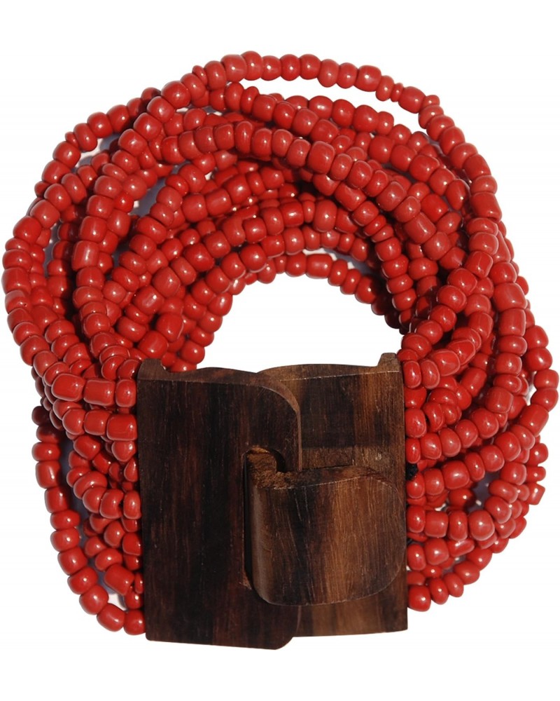 Indomode®️ Red Beaded Bali Bracelet With Hard Wood Buckle Clasp - 14 Elastic Strands – 2” Wide $9.44 Bracelets