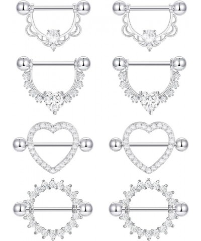 4 Pairs Nipple Ring Stainless Steel CZ Leaf Heart Barbell Nipple Tongue Ring Studs Body Piercing for Women 14G A:Heart $8.83 ...