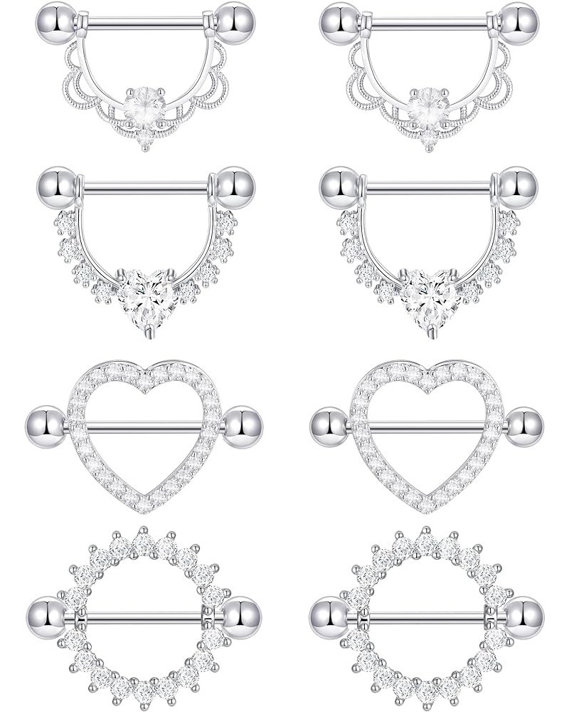 4 Pairs Nipple Ring Stainless Steel CZ Leaf Heart Barbell Nipple Tongue Ring Studs Body Piercing for Women 14G A:Heart $8.83 ...