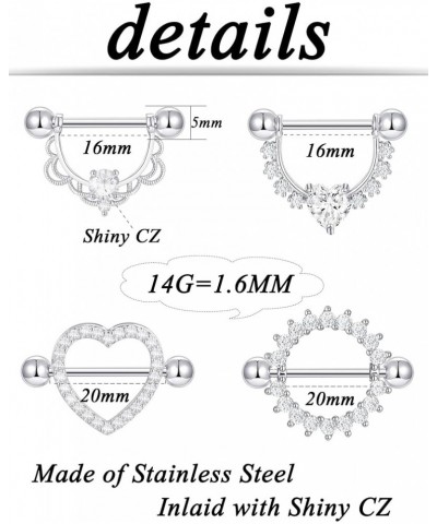 4 Pairs Nipple Ring Stainless Steel CZ Leaf Heart Barbell Nipple Tongue Ring Studs Body Piercing for Women 14G A:Heart $8.83 ...