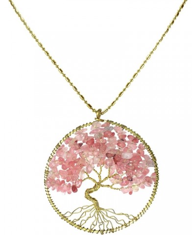 Colored Pink Glass Eternal Tree of Life Brass Long Necklace | Tree of Life Necklaces | Pendant Necklace for Women | Brass Nec...