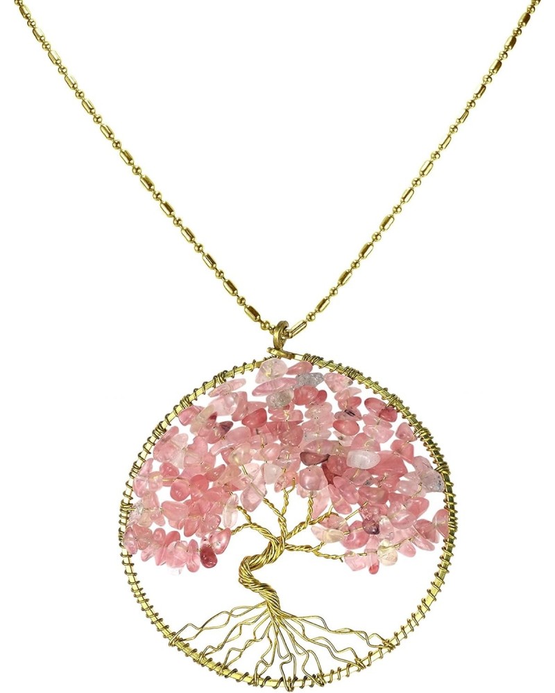 Colored Pink Glass Eternal Tree of Life Brass Long Necklace | Tree of Life Necklaces | Pendant Necklace for Women | Brass Nec...