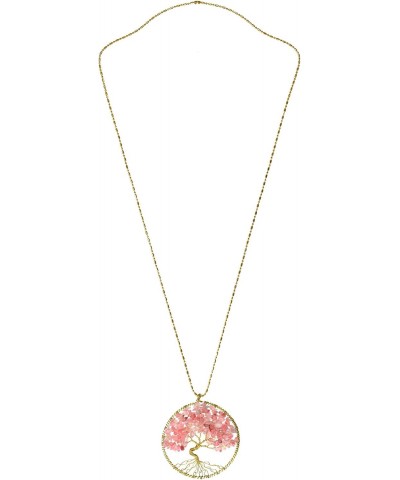 Colored Pink Glass Eternal Tree of Life Brass Long Necklace | Tree of Life Necklaces | Pendant Necklace for Women | Brass Nec...