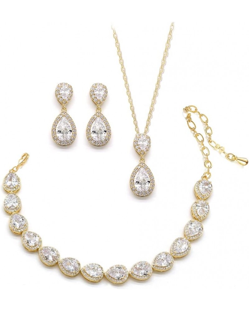 Cubic Zirconia Crystal Bridal Jewelry Set for Bride Bridesmaid Wedding Prom Teardrop Necklace Earrings Bracelet Jewellery Set...