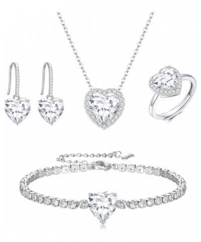 Wedding Bride Silver Jewelry Set, Clear Cubic Zirconia Heart Pendant Necklace Open Ring Hook Earrings Tennis Bracelet Set, Bi...