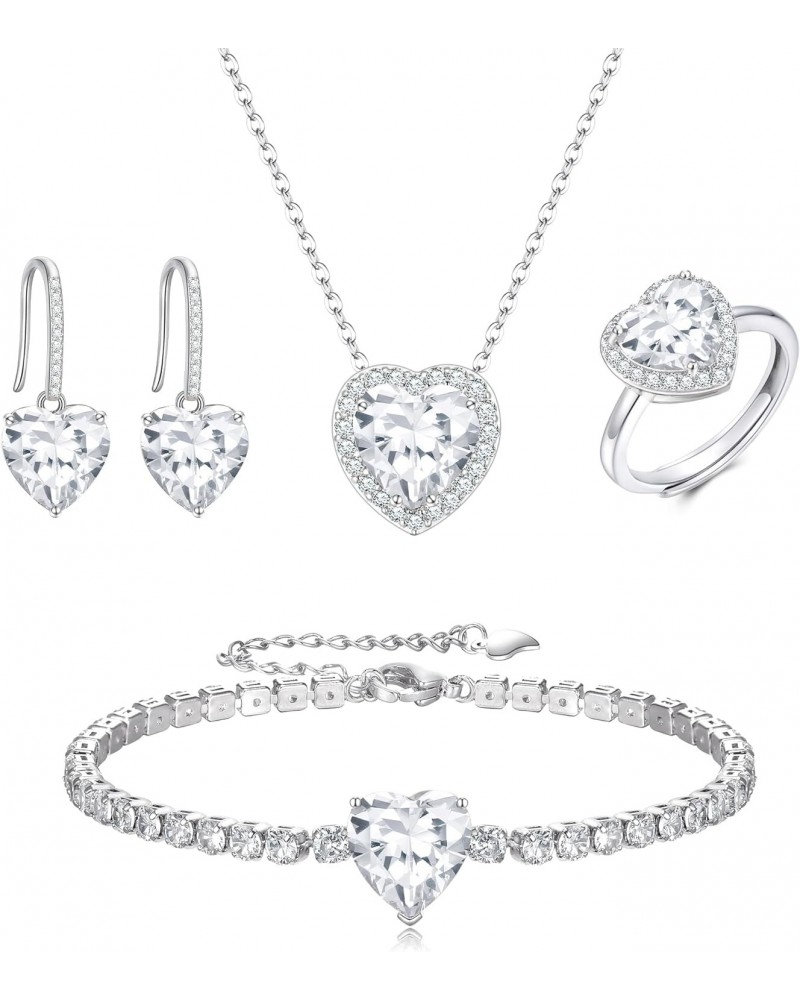 Wedding Bride Silver Jewelry Set, Clear Cubic Zirconia Heart Pendant Necklace Open Ring Hook Earrings Tennis Bracelet Set, Bi...