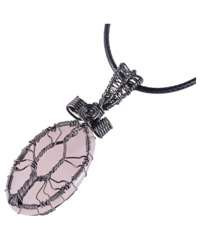 Handmade Stone Tree of Life Pendant with Rope, Oval Copper Wire Wrapped Crystal Jewelry for Reiki Healing 4-Rose Quartz $13.5...