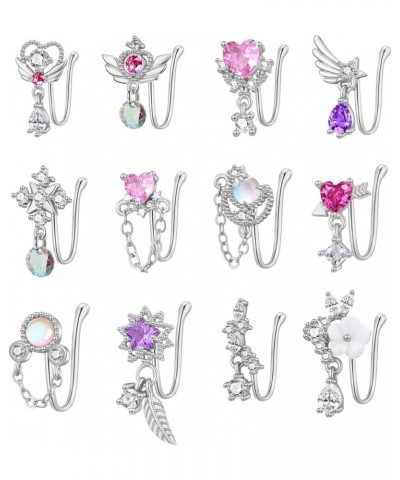 12Pcs Fake Nose Ring for Women Dangling Nose Cuffs Faux Clip on Nose Ring for Non Pierced Nose B: Silver Tone $11.39 Body Jew...