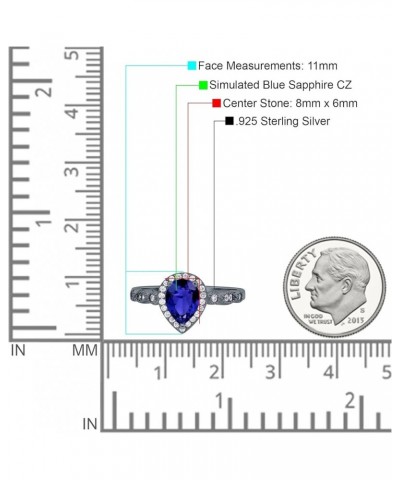 Halo Pear Shape Wedding Engagement Ring Round Simulated Cubic Zirconia 925 Sterling Silver Black Tone, Simulated Blue Sapphir...